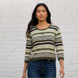 VINTAGE SUGAR -- Sweater, Lightweight, Green and White Striped, 3/4 Sleeves